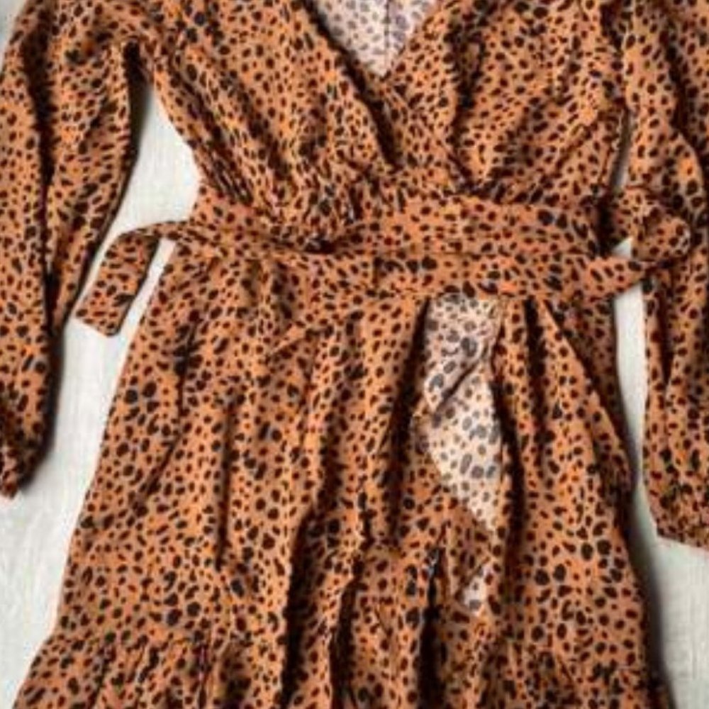 Dalmatian Print Belted Wrap Dress Brown / Black - Picture 7 of 8
